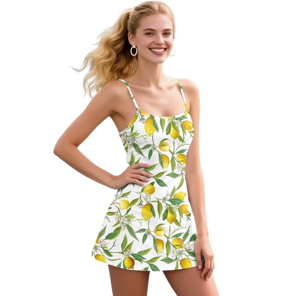Garronmavis Lemon Women Athletic Dress with Shorts Spaghetti Strap A Line Athletic Golf Dress 2 Piece Set Casual Tennis Dresses Fruit Print Outfits, Size XS
