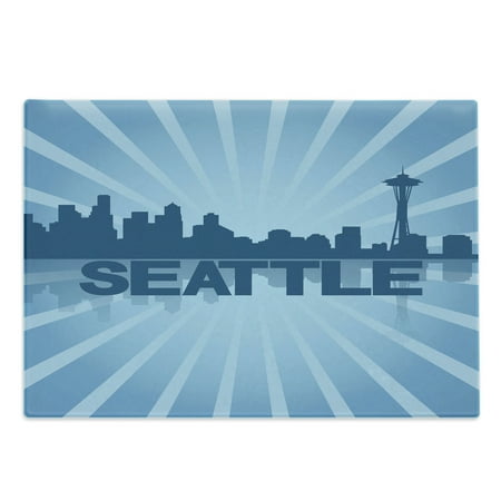 

Seattle Skyline Cutting Board Blue Monochrome Art Bold Lettering with a Shadowy Silhouette Decorative Tempered Glass Cutting and Serving Board in 3 Sizes by Ambesonne