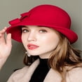 thumbnail image 2 of JUNWELL Womens Solid Color Bucket Hat Casual Lady Bowler Hat 100% Wool Winter Cap Cloche with Bow Accent Red, 2 of 6