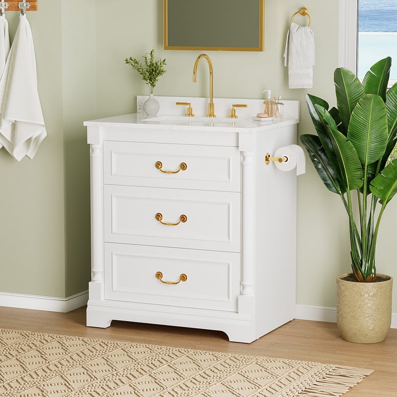 Lacoo 30" White Freestanding Bathroom Vanity with Ceramic Sink, Tilt-Out Drawer & Built-In 4" Backsplash, Gold Hardware Bath Storage Cabinet