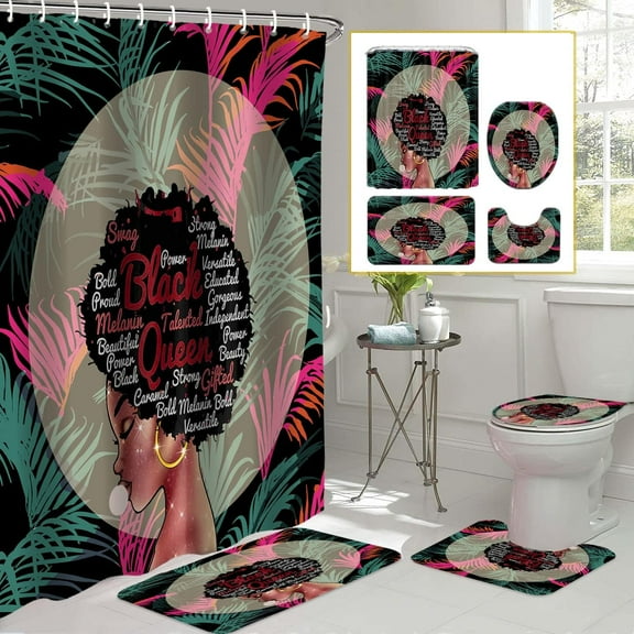 4Pcs Black African Bathroom Sets with Shower Curtain and rugs, Toilet Lid Cover, Bath Mat, Art African American King Queen Shower Curtains with Hooks, Soft Fabric Shower Curtain Set for Bath Decor