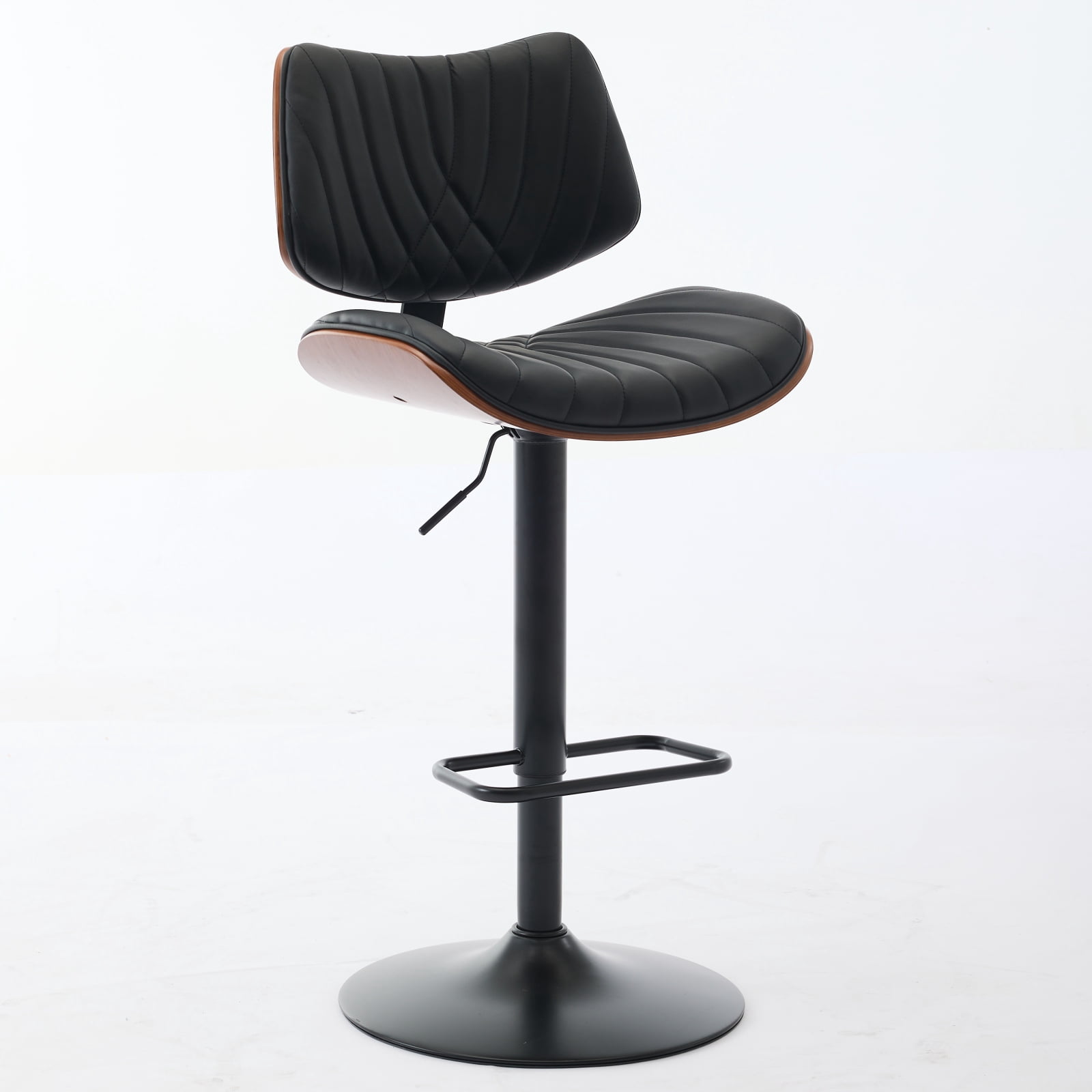 Adjustable Swivel Bar Stools Set of 2 Mid Century Modern Design with Walnut Bentwood and Black PU Leather Upholstery for Kitchen Island