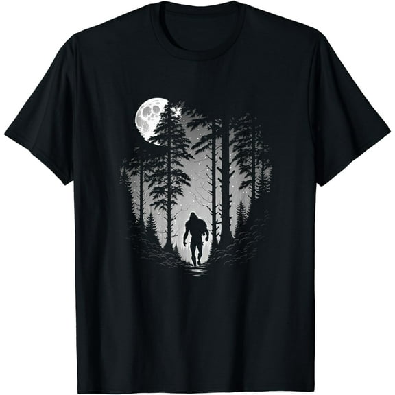 Bigfoot Hiding in Forest At Night Moon Stars & Sasquatch T-Shirt