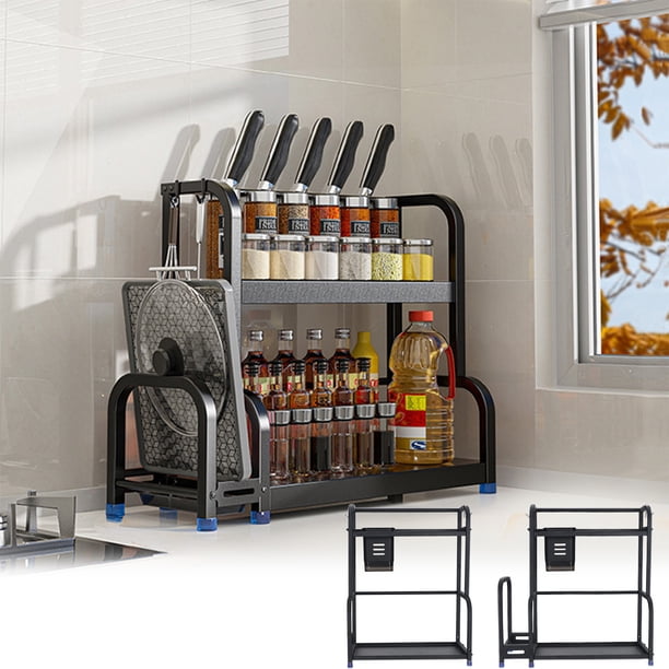 Estante para especias y condimentos, estante para cuchillos, encimera de 2 niveles, soporte para aceite y vinagre, diseño moderno para cocina, ideal para cocinar en casa, solución de almacenamiento c