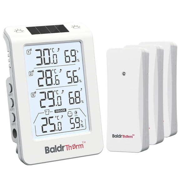 BaldrTherm Three Channel Thermo-Hygrometer, Wireless Temperature & Humidity Monitor, 3 Sensors Included