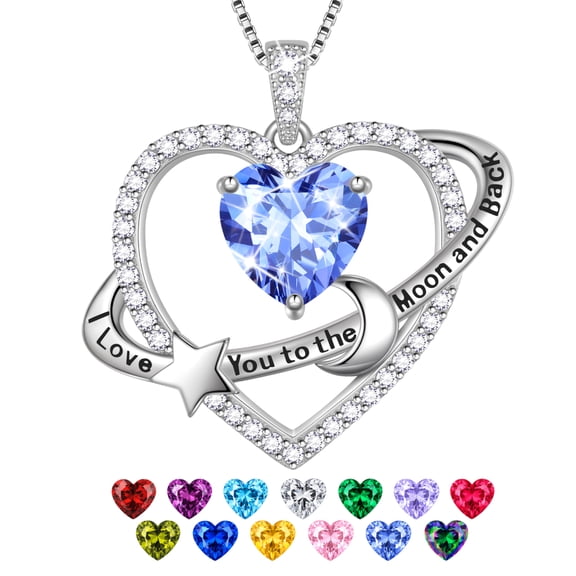 Fasjewly I Love You to The Moon and Back Necklace,925 Sterling Silver Heart Birthstone Necklace,Moon and Star Pendant Necklace Christmas Birthday Anniversary Jewelry Gifts Stocking Stuffers for Women