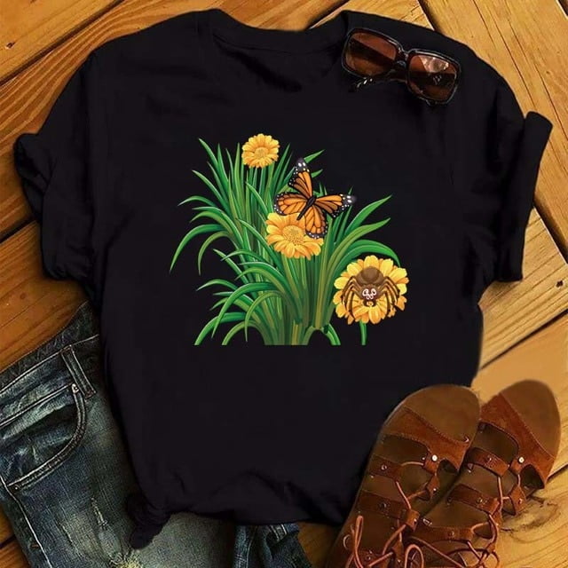 T-shirt Mode Imprimé Fleur Papillon pour Femmes Manches Courtes Décontracté Haut Graphique