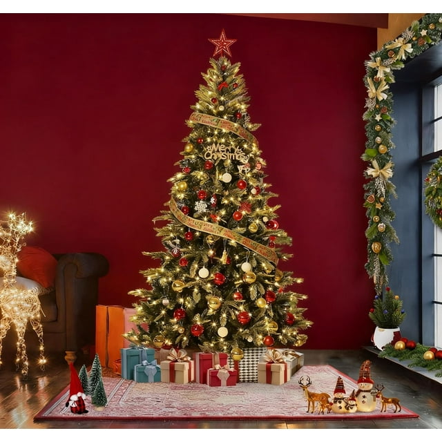 Artificial Christmas Tree,Spruce Prelit Christmas Trees for Home,Office,Party Thickened PE&PVC Branch Tips,Fire-Resistant Automatic Branches