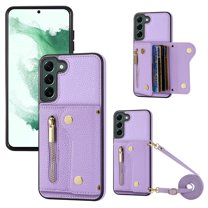 Wallet Case for Samsung Galaxy S23, Classic Lychee Texture PU Leather Purse Case with Accordion Card Slots, Protective Crossbody Flip Cover with Zipper Shoulder Strap Lanyard, Purple