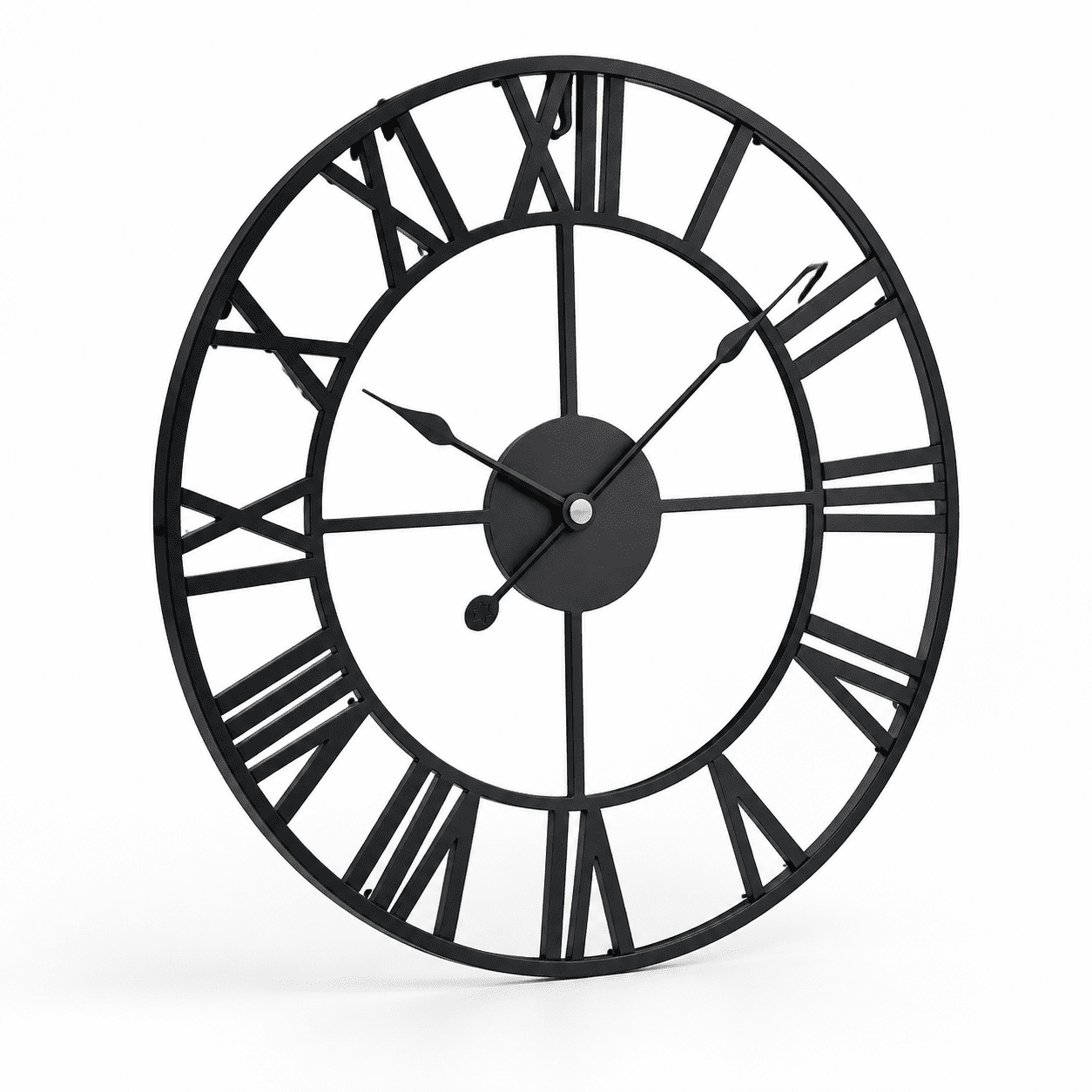 24in Black Metal Roman Numeral Wall Clock, Indoor Outdoor Decorative Oversized Timepiece