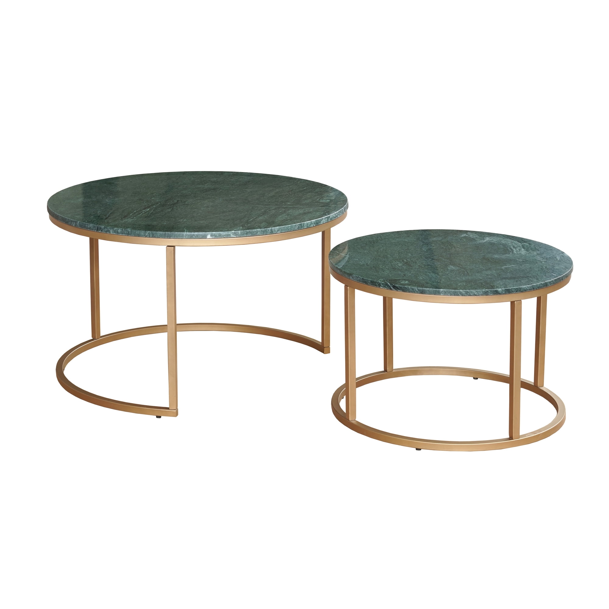 Ox Bay Savannah Set of 2 Nesting Coffee Tables, Round Green Marble Top with Gold Base, Indoor Glam Style