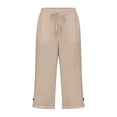 thumbnail image 4 of Loose Linen Straight Leg Capris for Women Button Elastic Waist Breathable Soft Casual Pants for Summer Daily Work Lounge Relaxing Days Khaki M, 4 of 5