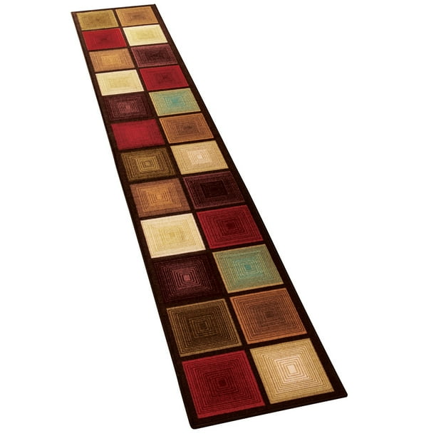 Optic Squares Runner Rug in Deep, Rich Hues SkidResistant Backing