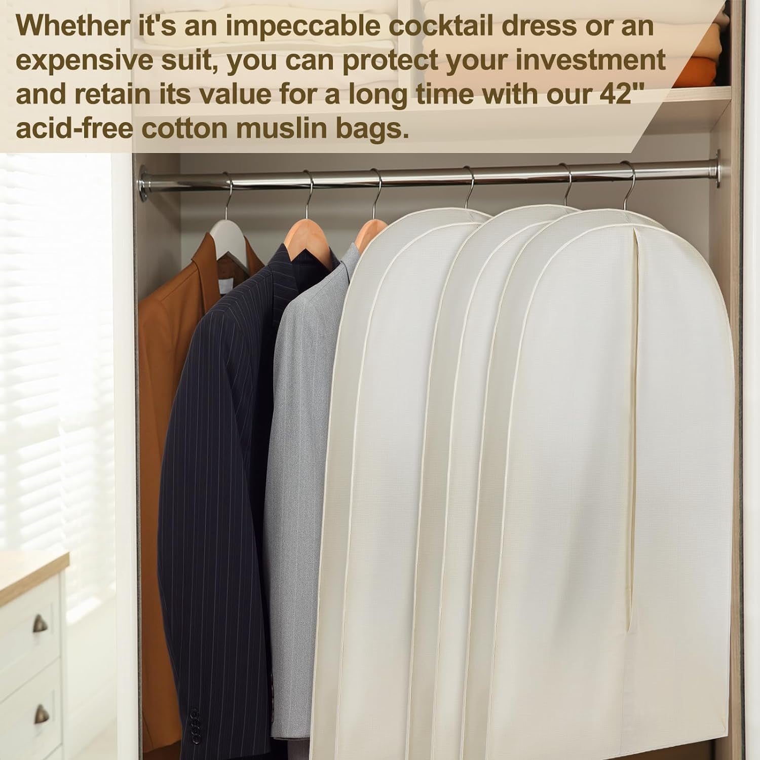 3 Pcs 50 Inch Acid Free Cotton Muslin Suit Garment Bag Long Dress Suit Storage Box Closet Organizer for Suits, Coats, Travel Bag