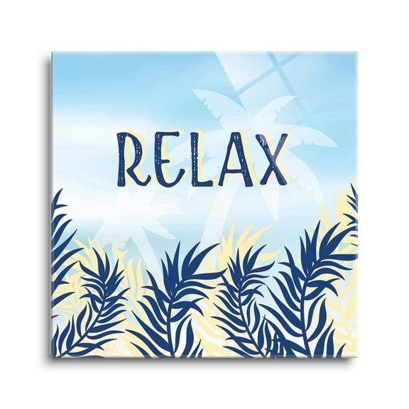 Relax Blue Yellow Palm Trees 8 x 8 Glass Wall Hanging Sign