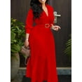 thumbnail image 4 of Womens Pleated Dress V Neck Long Sleeve A Line Church Formal Works Business Dresses with Belt Red M, 4 of 9