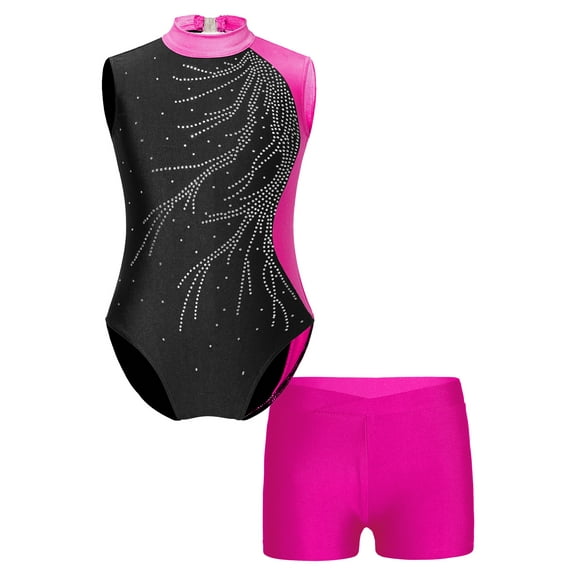 inhzoy Girls 2 Piece Dance Sports Outfits Gymnastics Leotard Ballet Dance Unitard with Shorts Set