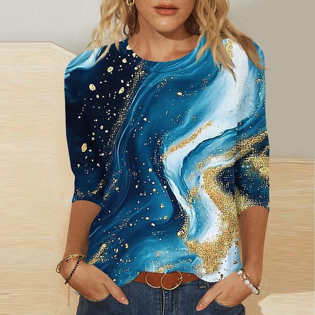 UPPADA Blouses Grande Taille pour Femmes Manches 3/4 Imprimé Floral Teinture T-Shirts Décontractés Tendance Col Rond Pull Confortable Hauts Blouses Mignonnes d'Été T-Shirts Manches 3/4 pour Femmes en Solde