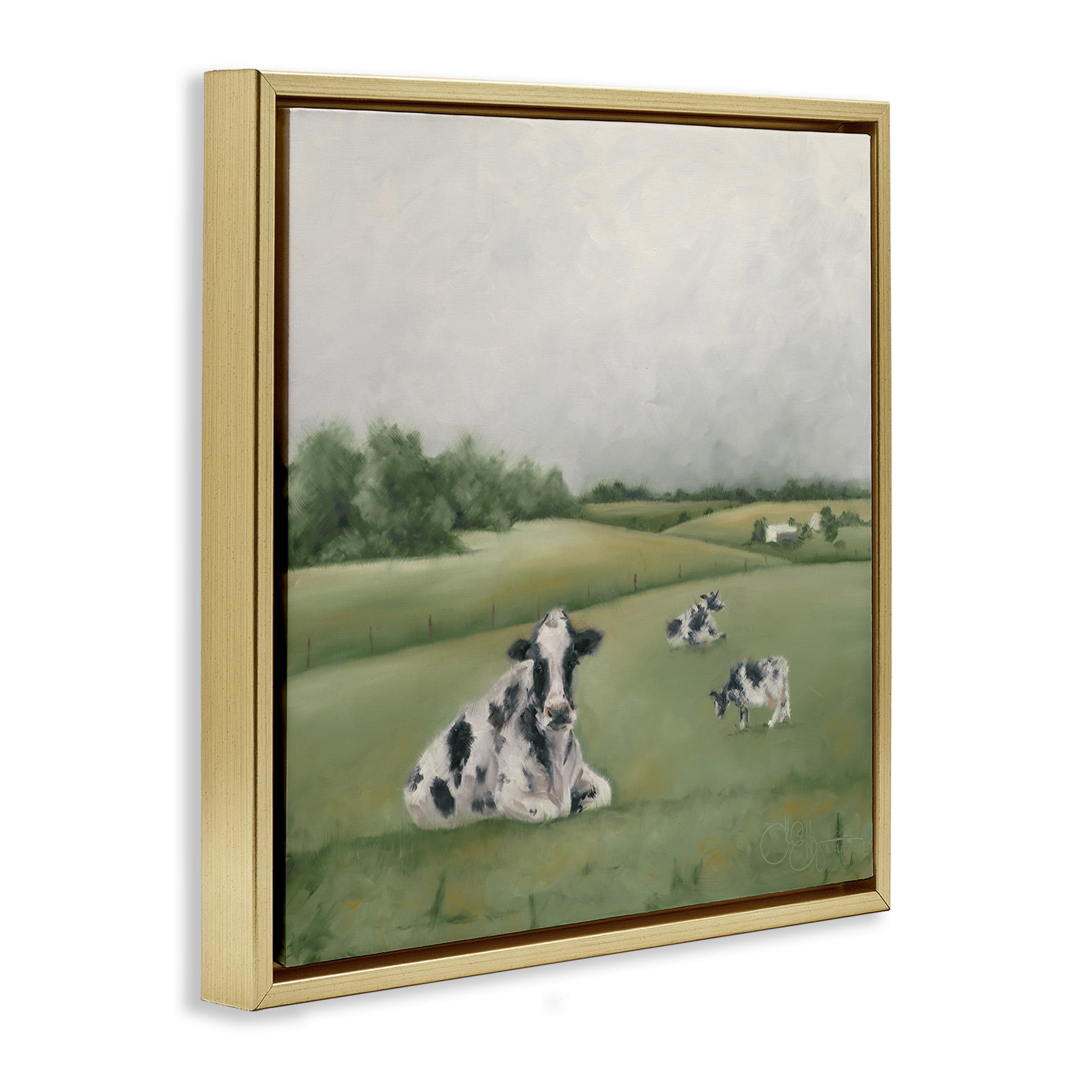 Stupell Industries Dairy Cows Grazing in Green Field Landscape Painting Gold Floater Framed Canvas Art Print Wall Art, 18 x 18