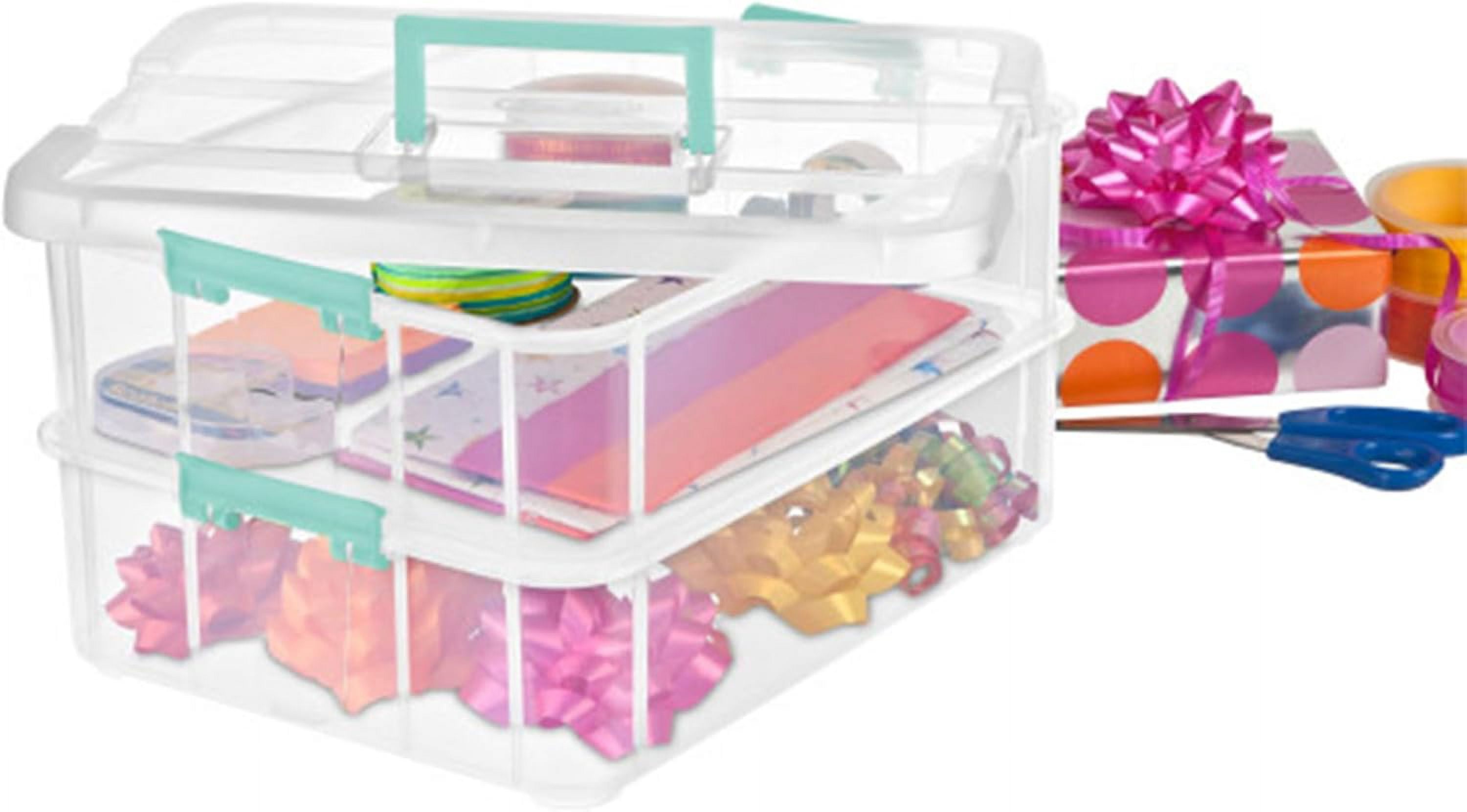 4-Pack Stack & Carry, 2 Layer Handle Box for Home & Office Storage - Clear Base & Lid with Color Latches, Organizer for Art & Craft Supplies, Sewing Tools or 8.5" x 11" Paper
