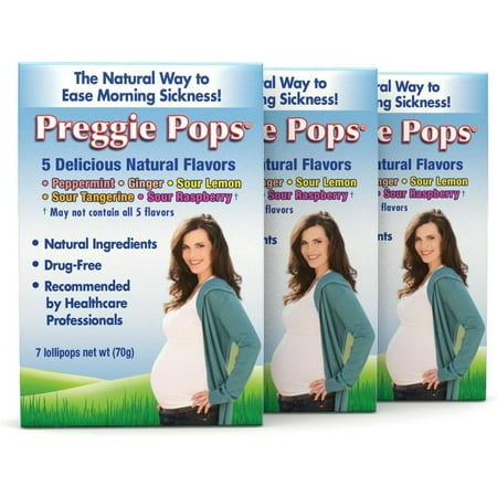 Thre Lollies Preggie Pops, Morning Sickness During Pregnancy, Safe for pregnant Mom & Baby, Gluten Free, 7 Flavors: Lemon, Raspberry, Peppermint & More, 7 Count, Pack of 3