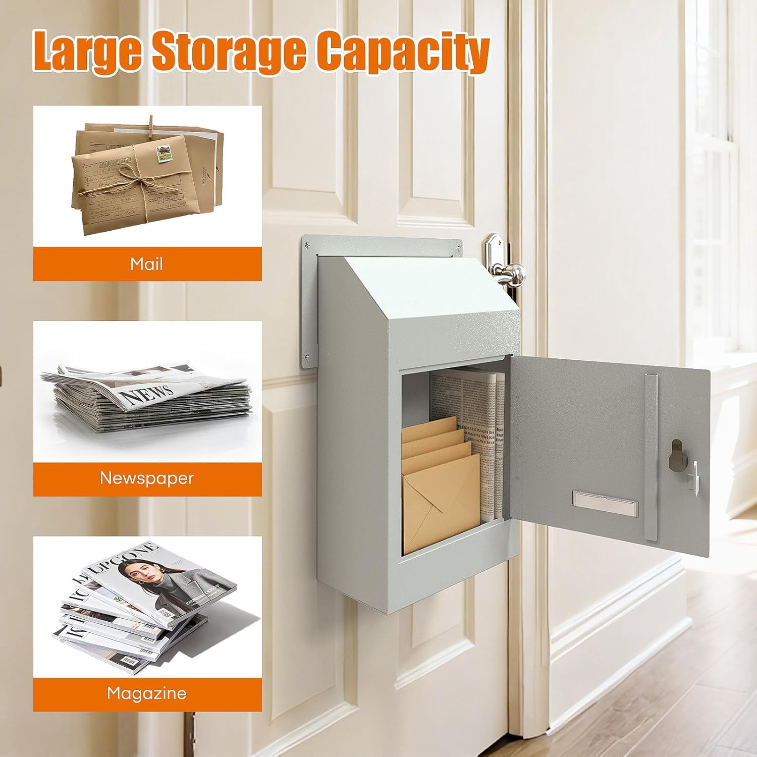 Metateel Door Drop Box for Mail, Rent, Deposit, and Night Key - Through The Door Locking Steel Mailbox with Rear Access | 9.75” L x 4.25” W x 14.75” H (White)