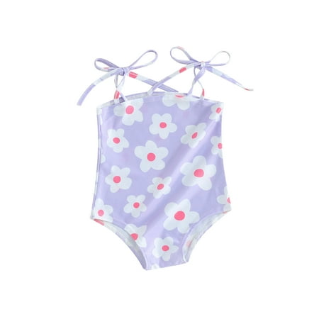 

Co.MMehjri Toddler Baby Girl Swimsuit Sleeveless Square Neck Flower Print Tie Up Bathing Suit Summer Beach Wear