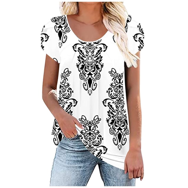 Pompotops Hauts d'Été à Col Rond Imprimé Floral pour Femmes T-Shirts Basiques de Vacances Blouse à Manches Pétales Décontractée