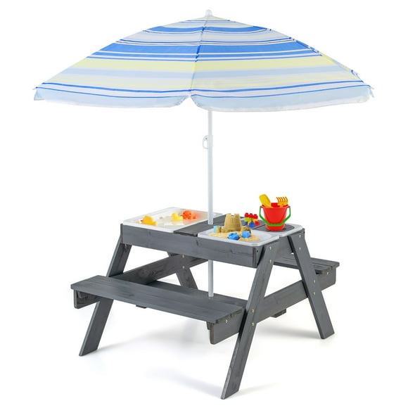 Gymax 4-in-1 Kids Picnic Table Set w/ 3 Removable Bins & Lids Foldable Umbrella