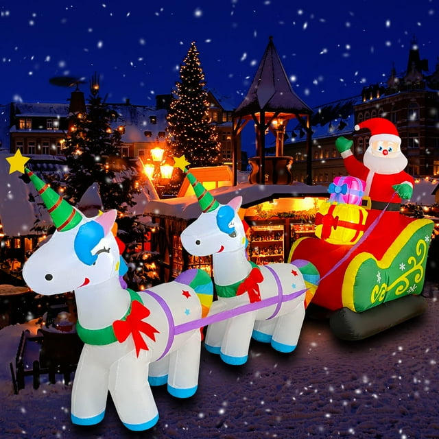 Papá Noel inflable en trineo navideño, 2 unicornios, 9 pies