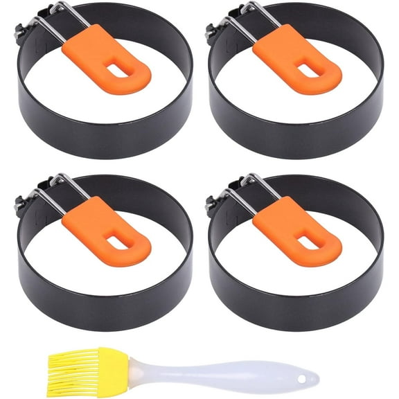 4Pcs Egg Rings, 3in Steel Egg Molds Circle Egg Cooker Nonstick Egg Shaper with Brush for Frying Eggs Breakfast
