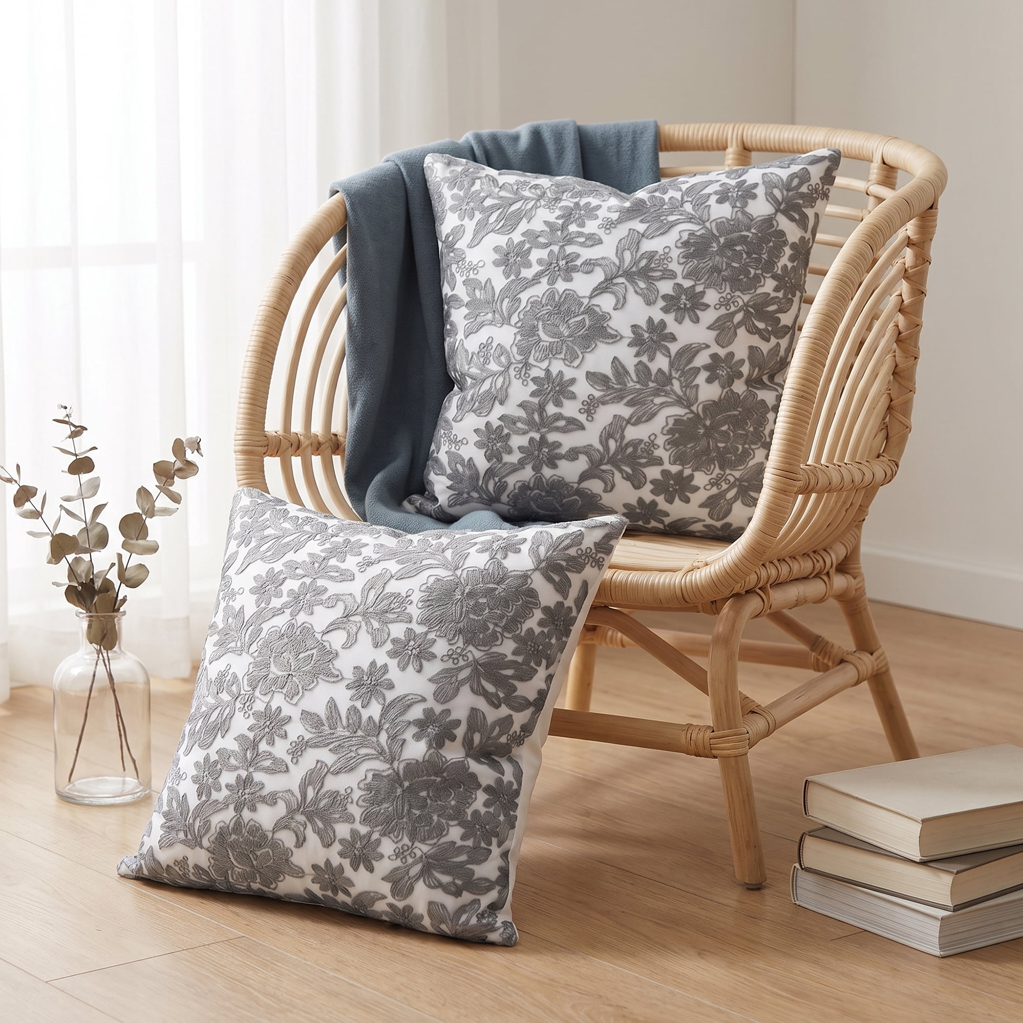 Unique Bargains Elegant Vintage Floral Throw Pom-Pom Pillow Covers Grey 18" x 18"