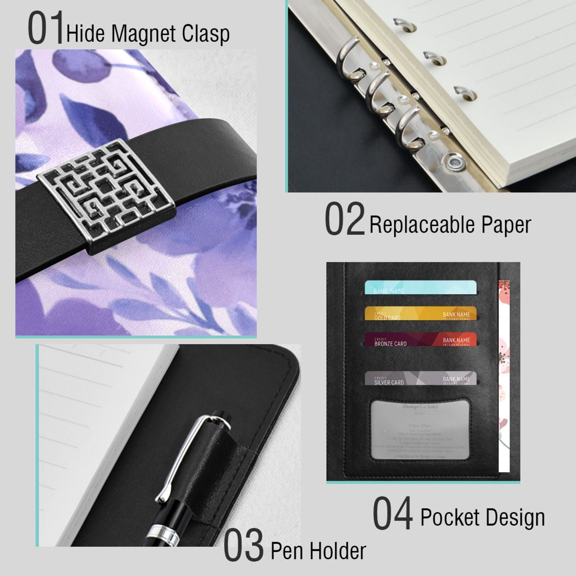 Leather Planner Leather Notebook Notebook Journal Binder Design Pen Pocket Design Convenient for Storage Vibrant Purple Flowers