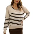 thumbnail image 1 of Suéter a Rayas con Cuello en V para Mujer, suéteres de Punto Elegantes de Manga Larga para Compras en casa, Citas, Oficina, Albaricoque L, 1 of 7