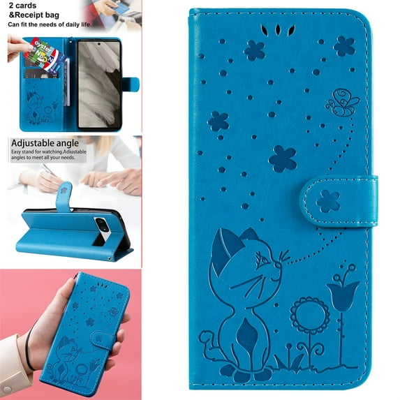 SaniMore for Google Pixel 8 Pro 2023 Case, PU Leather Skin with Embossed Cat Flip Magnetic Cover Card Slots Kickstand Detachable Lanyard Full Around Protective Wallet Shell, Blue