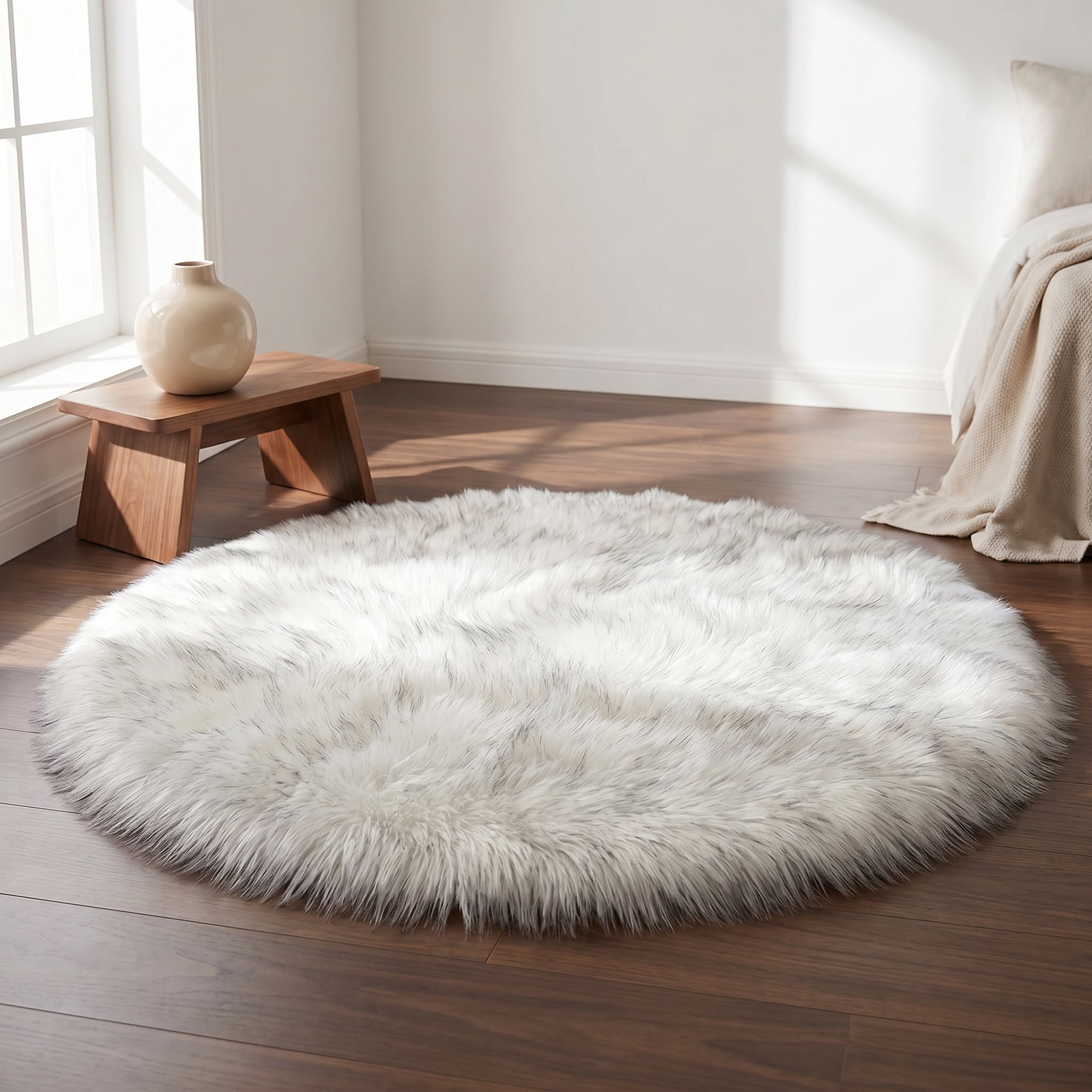 Unique Bargains Shaggy Round Area Rug Fluffy Non-Slip Fuzzy Carpet 28" x 28" White Gray