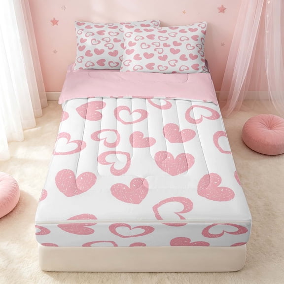 Erosebridal Cartoon Hearts Zipper Twin Comforter Sets with Fitted Sheet and 2 Pillowcases, Kawaii HeartZipper Bedding Set, Pink Reversible, Soft Pink, Pink Reversible