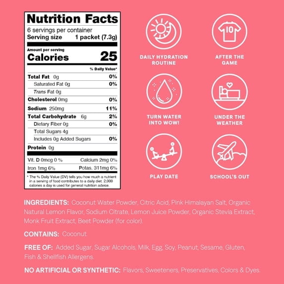 Cure Hydration Kids Flavored Coconut Water Electrolyte Drink Mix, 6 Count, Pink Lemonade, FSA and HSA eligible