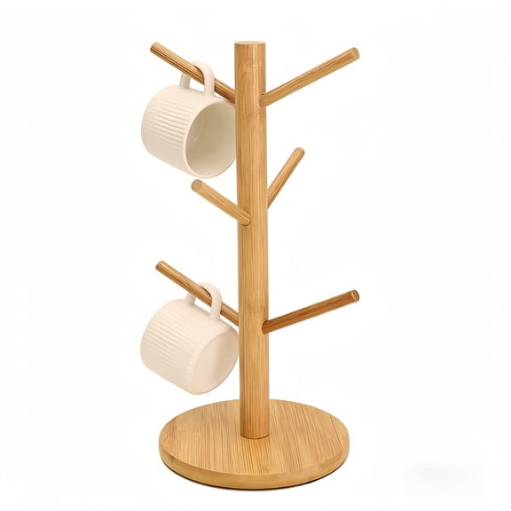 Bamboo Coffee Mug Holder Tree, Thicker Base Coffee Cup Holder Stand for Counter, Mug Rack with 6 Hooks