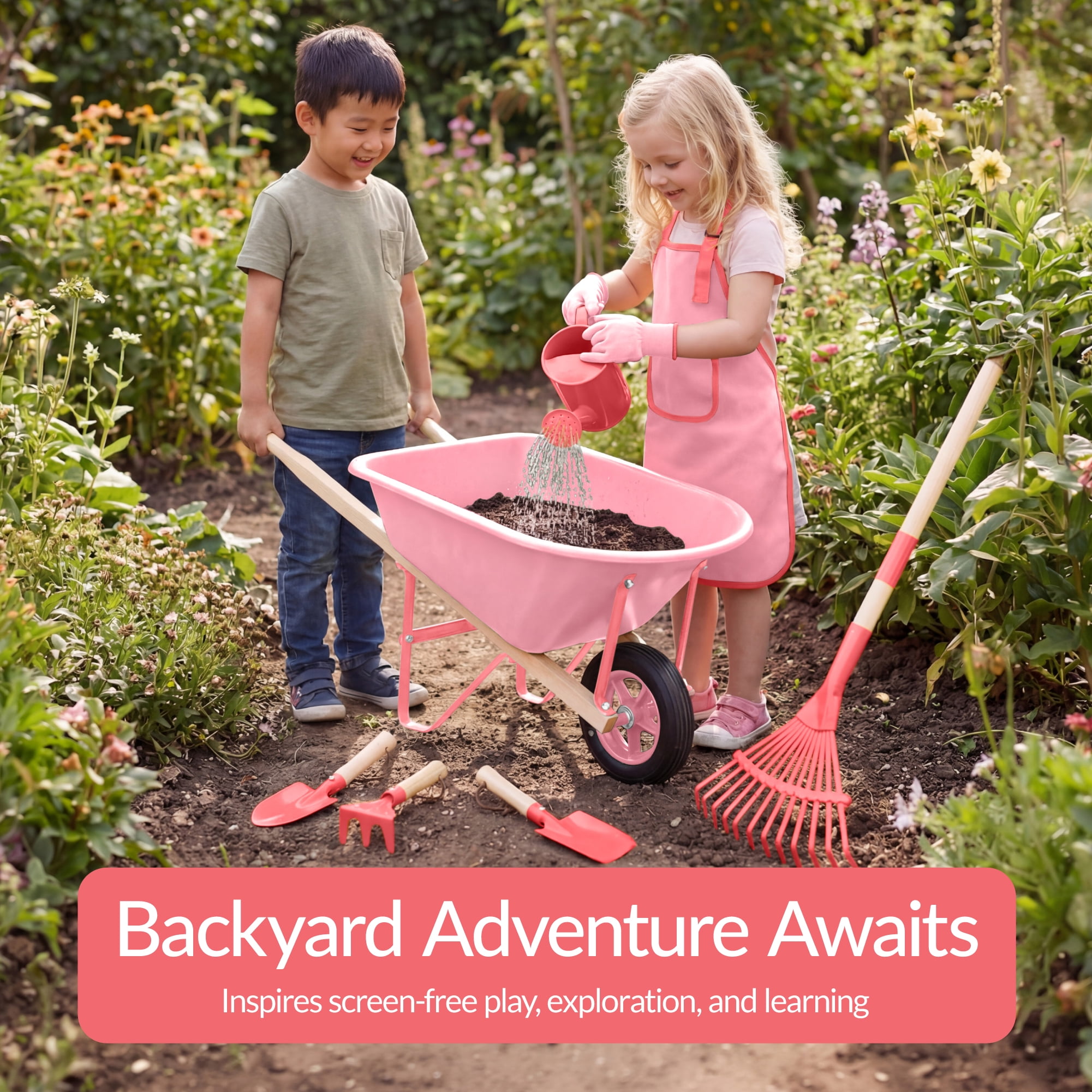 Best Choice Products Kids Wheelbarrow Gardening Tool Set 8 Piece with Metal Tools, Apron, Gloves Ages 3+ - Pink/Pink