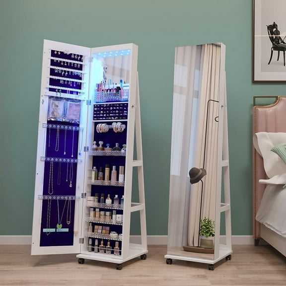 HNEBC 360° Rotating 64'' Jewelry Armoire with 6 LEDS, Full Length Mirror Large Capacity Jewelry Organizer Armoire, Lockable Floor Standing Mirror with 4 rollers for Bedroom, Cloakroom