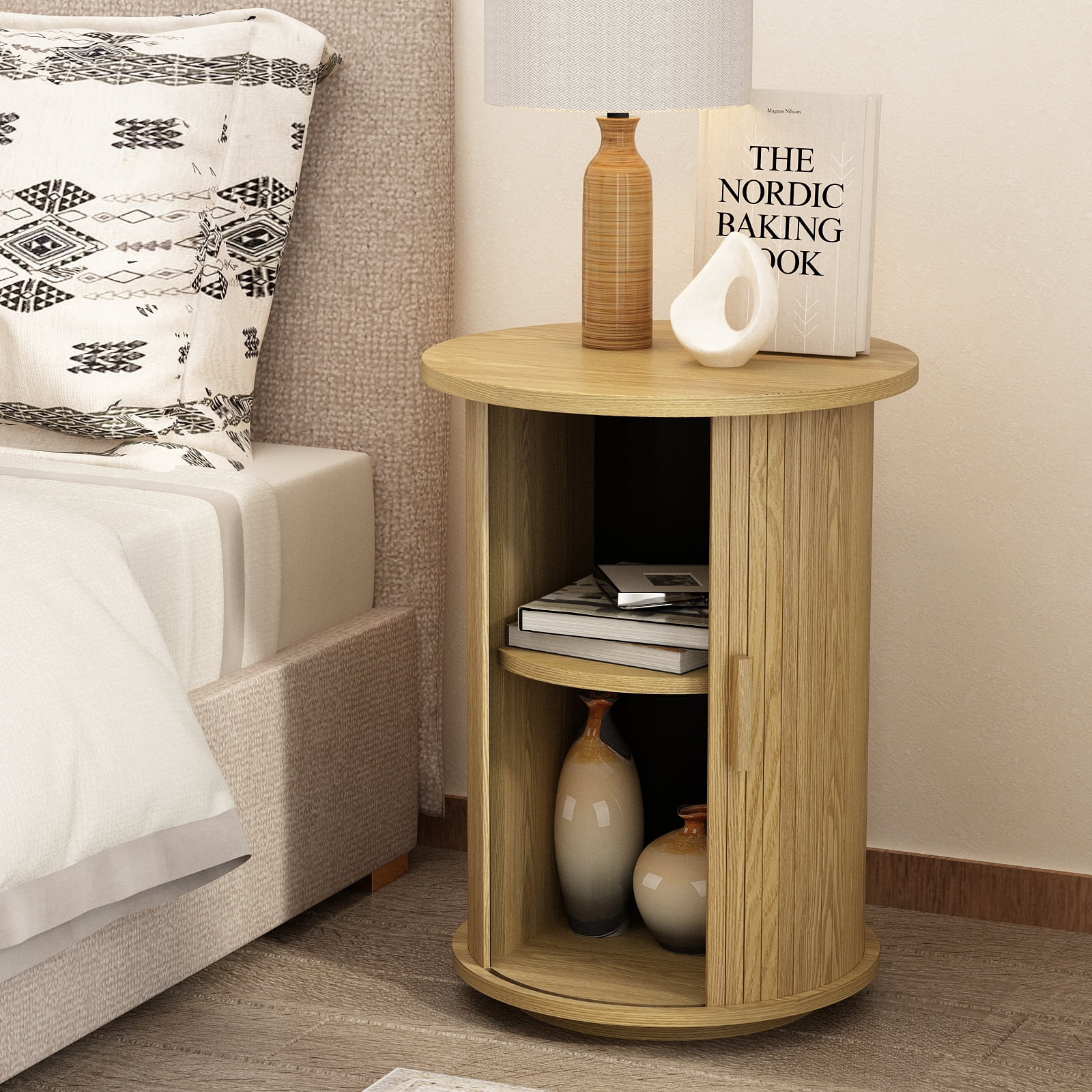 18'' Fluted Round End Tables with Sliding Door, Modern Side Table Nightstands for Living Room Bedroom,Natural