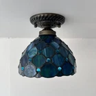 Tiffany Ceiling Lights Fixture 8"W*8"D*8"H Blue Stained Glass Crystal Glass 1-Light