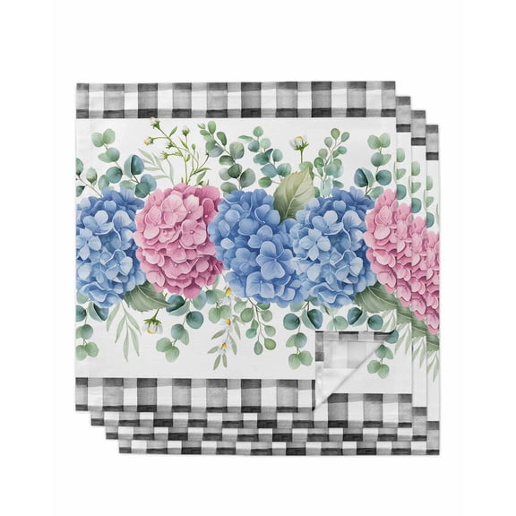 Blue Pink Hydrangea Cloth Napkins Set of 4 Reusable Dinner Napkins, Eucalyptus Leaves Summer Botanical Plaid Cocktail Napkin Washable Table Napkins for Wedding/Holiday Party/Baby Shower 20"x20"