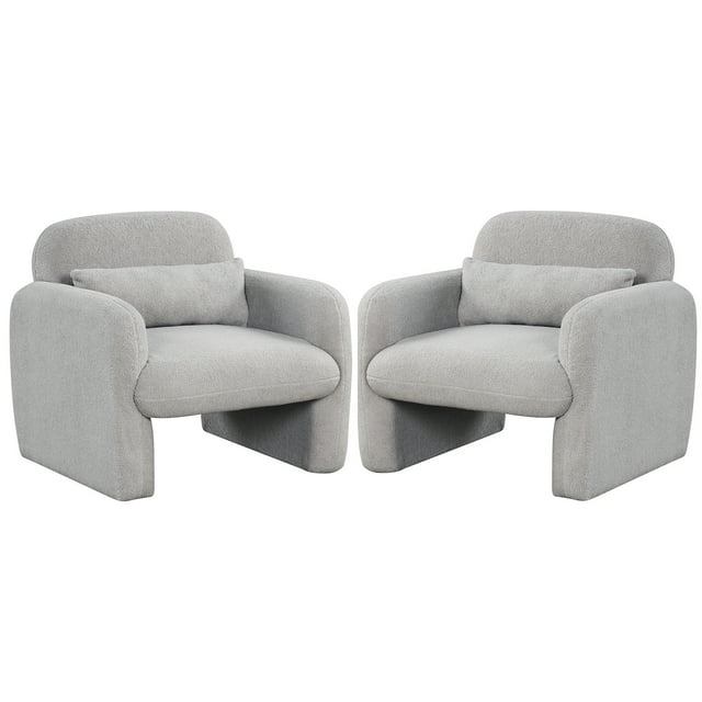 Gymax 2PCS Modern Accent Chair Sherpa Fabric Upholstered Armchair w/ Waist Pillow Grey