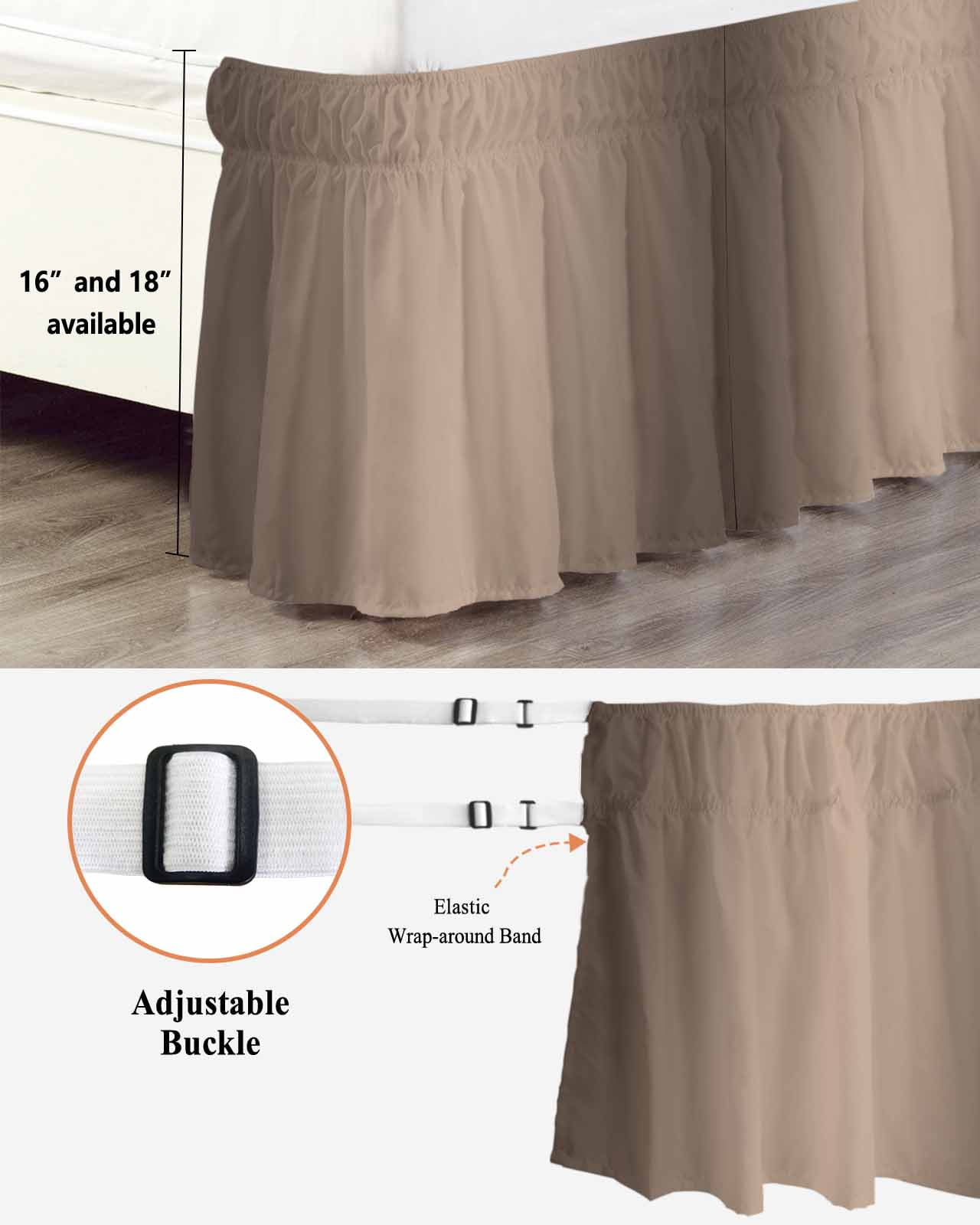 Dark Brown Bed Skirt Queen Size 16" Drop Ombre Solid Color Gradient Modern Art Ruffled Wrap Around Bed Skirts Adjustable Elastic Bedskirt Dust Ruffle for Queen Size Bed