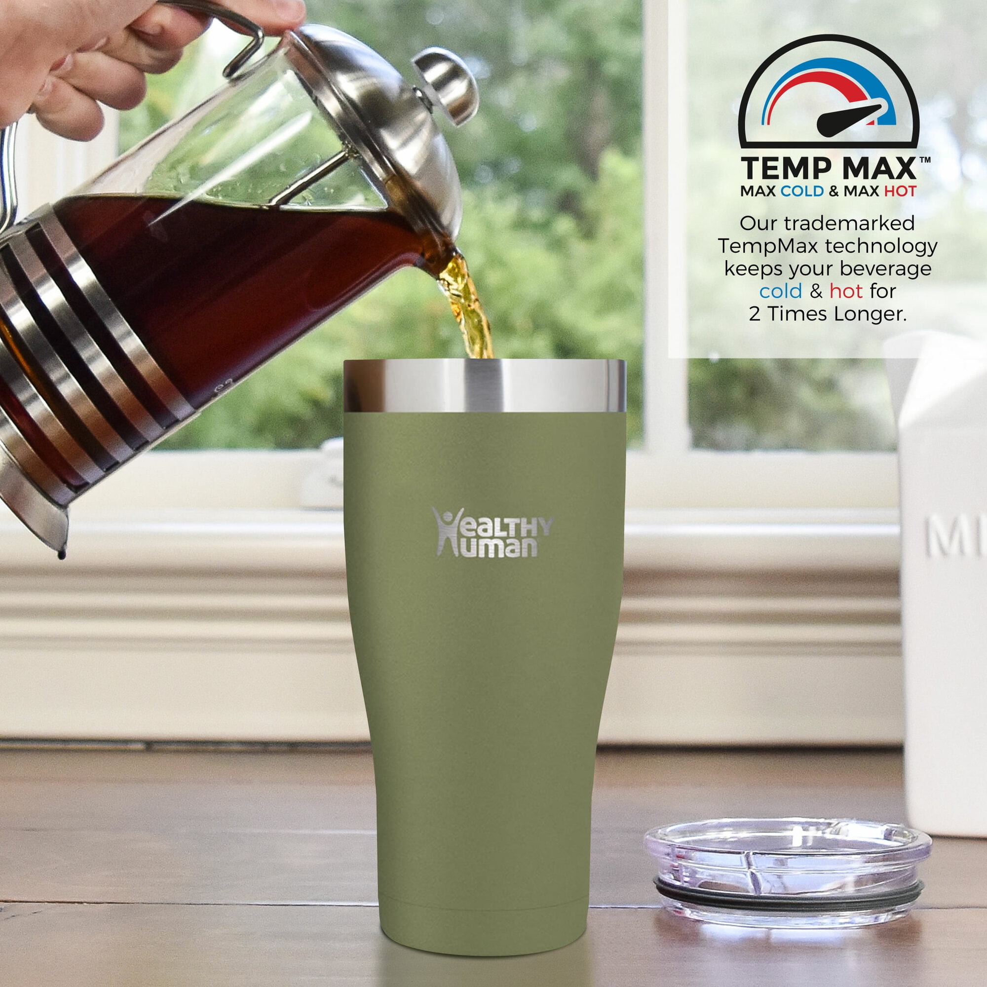 Healthy Human Stainless Steel Tumbler with Straw & Lid | Splash Proof Insulated Travel Cup | Eco-Friendly Coffee Tumblers | Straw Cleaner and Splash Proof Lids (32oz, Olive)