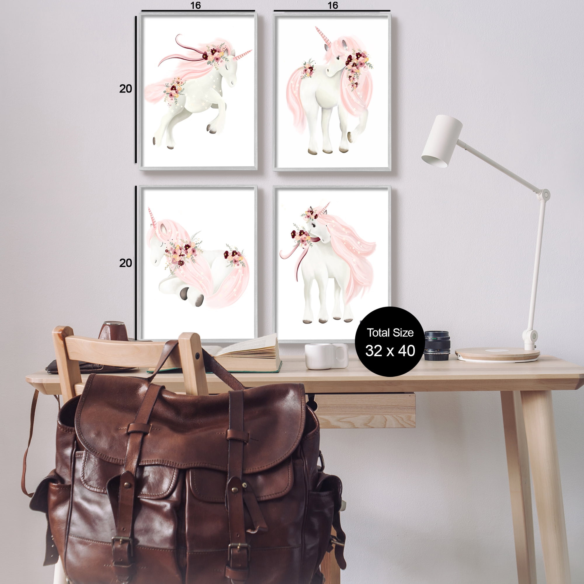 Stupell Industries Pastel Pink Unicorns Fairy Tales & Fantasy Painting Gray Framed Art Print Wall Art, 16 x 20
