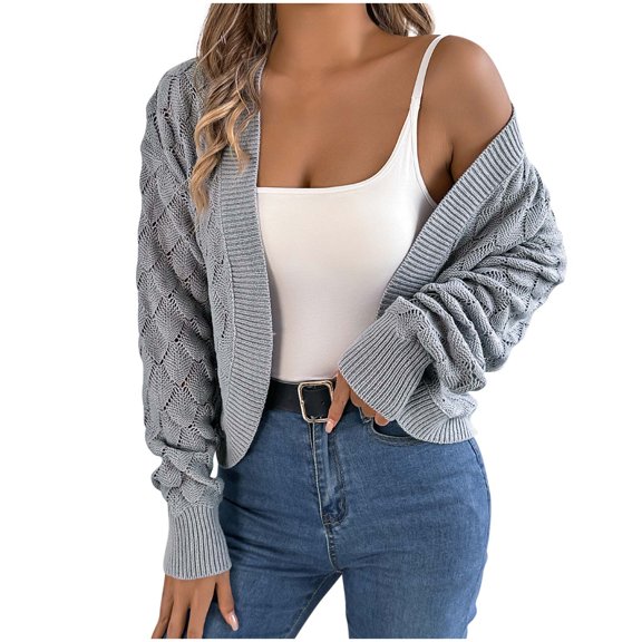 hoksml Women's Fall Winter Cardigan Sweater Solid Color Hollow Lantern Long Sleeve Open Front Outerwear Coat