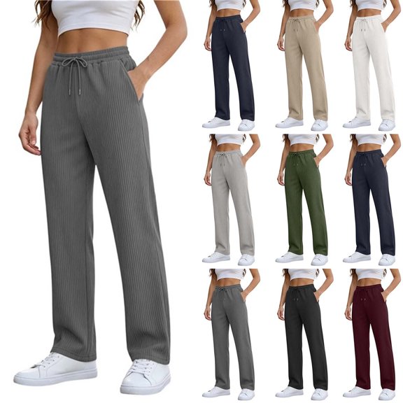 Straight Leg Sweatpants for Women, Elastic Waist Solid Casual Pants with Drawstring and Side Pockets, Active & Casual Wear | VerBelle,Army Green L